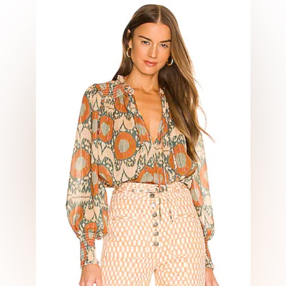 Ulla Johnson Anita Ikat Metallic Peasant Blouse in Nimbus Print Size 2 NWOT